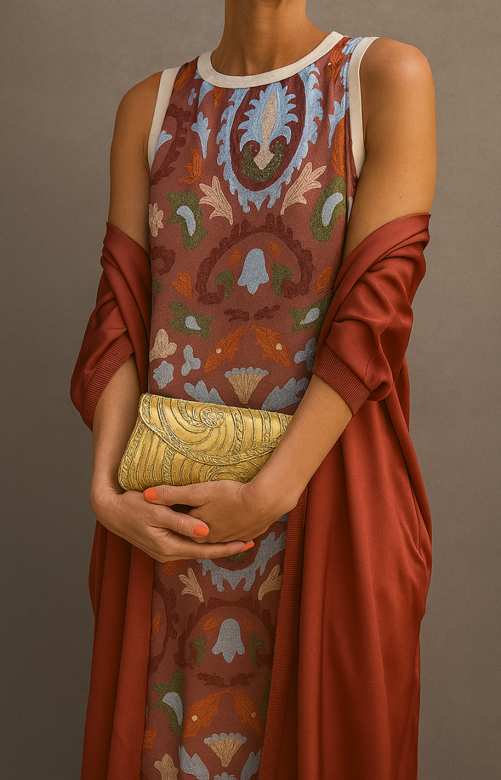 Ensemble robe longue imprimée et gilet assorti Élina