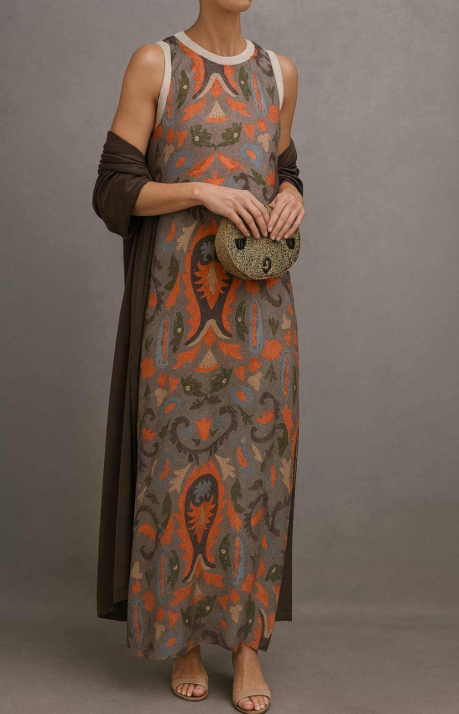 Élina Printed Long Dress & Matching Gilet Set