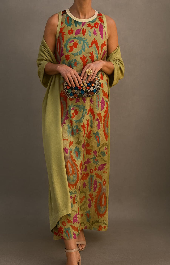 Ensemble robe longue imprimée et gilet assorti Élina