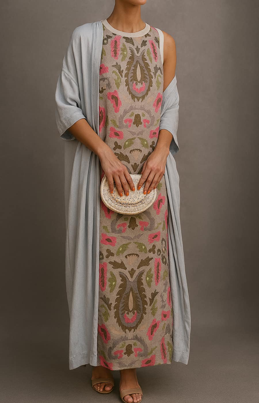 Élina Printed Long Dress & Matching Gilet Set