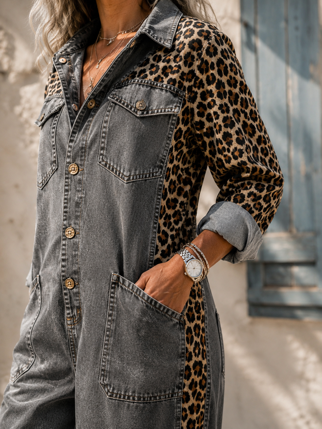 Amara Leopard Denim Jumpsuit